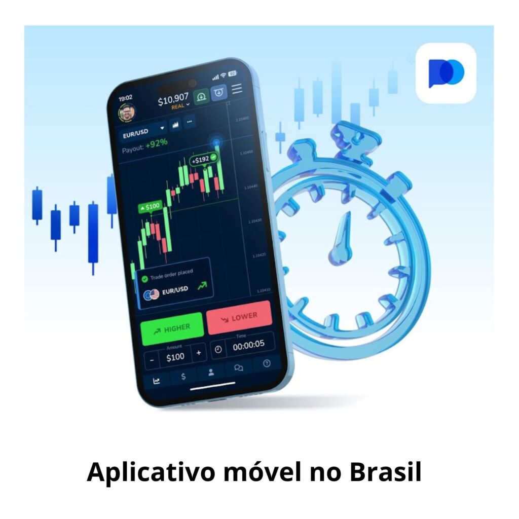 Fazendo login no Pocket Option pelo aplicativo móvel no Brasil.