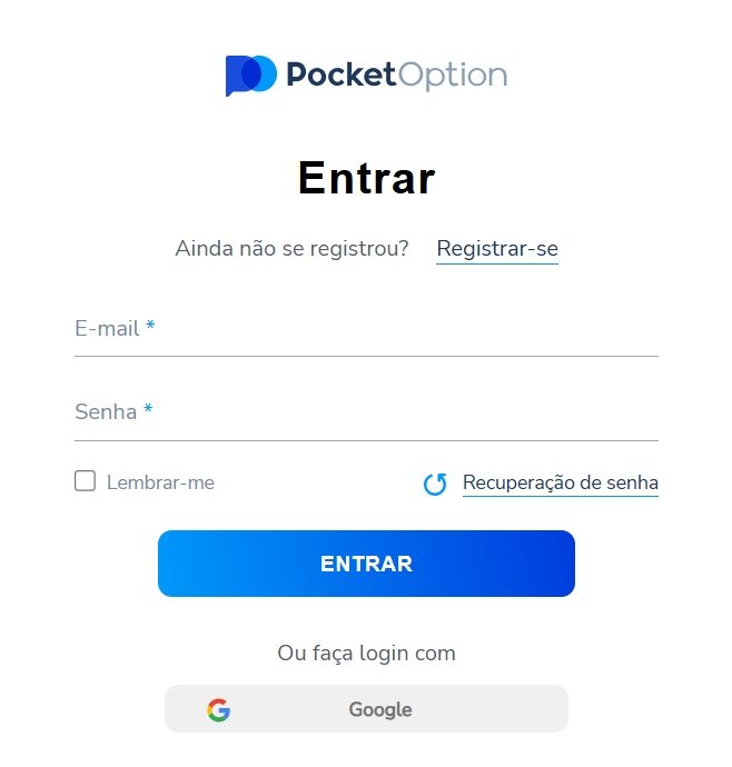 Cadastre-se no Pocket Option com Google ou Facebook.